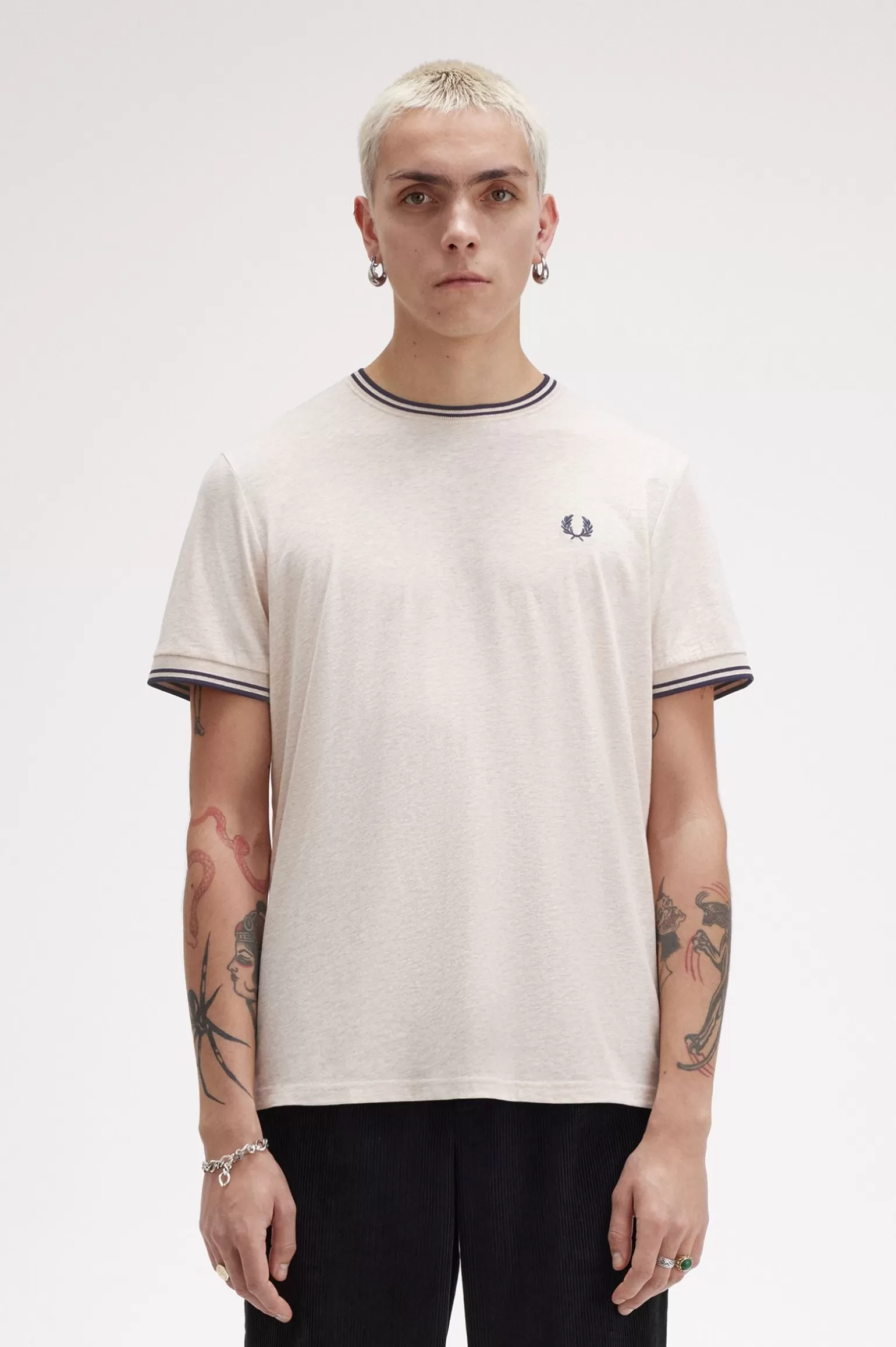 T-Shirts^Fred Perry T-Shirt Mit Doppelstreifen Porridge Meliert / Ankergrau